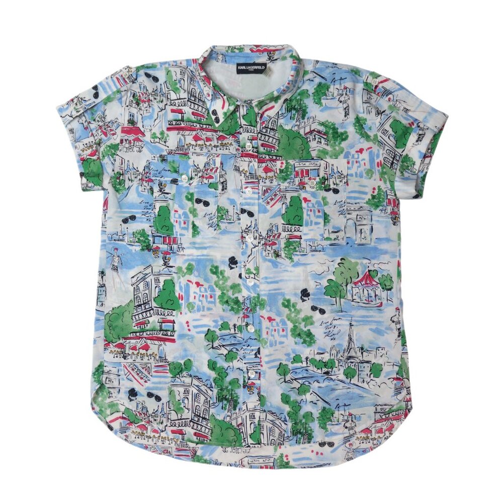 Karl Lagerfeld Blue Paris Whimsical City  Short Sleeve Button-Up Shirt Top Sz L